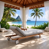 Chaise longue d'extérieur en teck massif avec coussin en mousse hautement élastique, chaise longue inclinable à roulettes pour piscine, plage, jardin