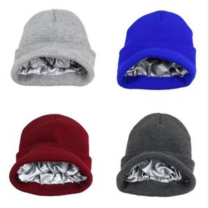 Wholesale Satin Lined Knit <b>Hat</b> Women Men <b>Beanies</b> Female Girls Solid Color <b>Beanie</b> Warm Bonnet Casual Autumn Cap Gift - Product Image 3