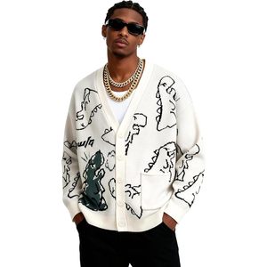 FOXA <b>Mens</b> Dinosaur Knitted <b>Cardigan</b> Cartoon Print Front Pocket Standard Thickness Acrylic Sweater - Product Image 5