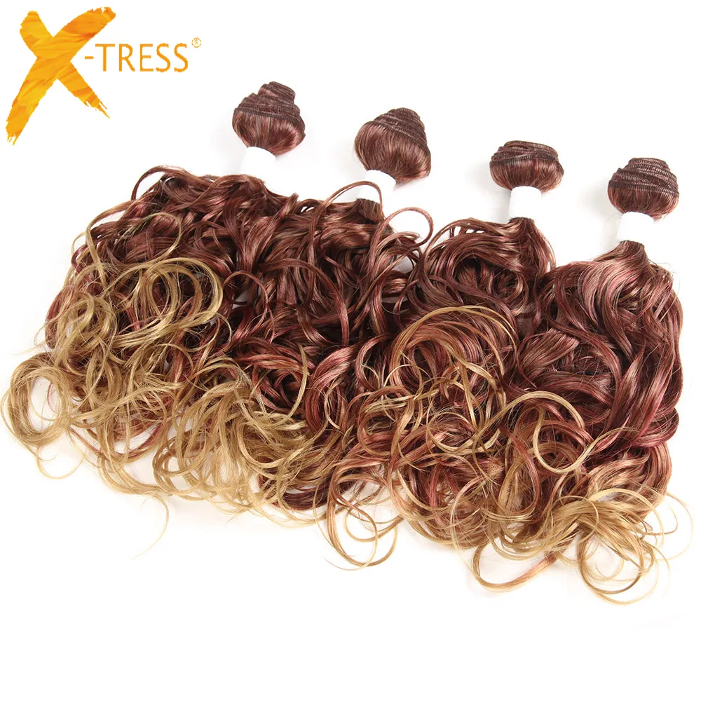 X-TRESS Ombre Brown Burgundy Color Synthetic Hair Weave 4 Bundles Bouncy Curly 16-18inch One Pack Full Head Hair Weft Extensions