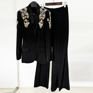 Ensemble Blazer et <span class=keywords><strong>Pantalon</strong></span> Large Femme Luxe Perles Bodycon, Veste Bouton Unique et <span class=keywords><strong>Pantalon</strong></span> Fendu - Product Image 3
