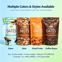 Sachet d'emballage personnalisé avec date, épaisseur 12c, refermable, à fermeture éclair, anti-odeur, réutilisable, pour fruits secs, noix et snacks