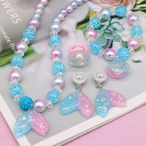 4 Pièces/set Collier de perles de sirène Bracelets Boucles d'oreilles pour enfants Petite fille Ensemble de bijoux de perles de sirène Sacs de faveurs pour la fête - Product Image 6