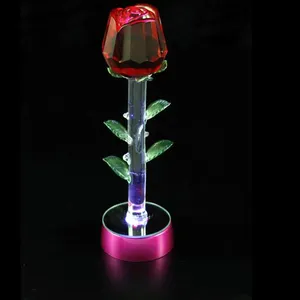 Patung Bunga Mawar Kristal, R-0917 Hadiah Pernikahan, Merah Muda Kristal dengan Dasar Led
