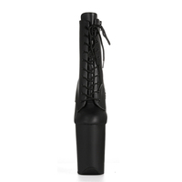 Bottines de pole dance en PU à talon haut de 23 cm, bout ouvert, plateforme épaisse, lacets réglables, fermeture éclair latérale, finition miroir mat