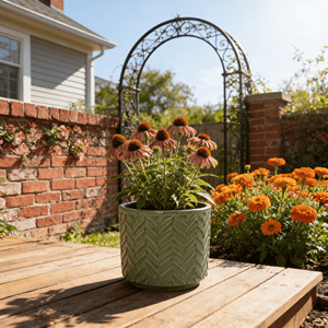Pot de fleurs en céramique émaillée gaufrée vert clair vintage américain, texture en chevrons, trou de drainage, écologique - Product Image 2