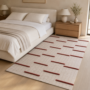 Tappeto <span class=keywords><strong>in</strong></span> Acrilico Avorio con Barre <span class=keywords><strong>in</strong></span> Terracotta, Tessitura a Bouclé, Stile Japandi, Moderno per <span class=keywords><strong>Soggiorno</strong></span>, Annodato a Mano - Product Image 1