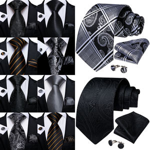 ربطات عنق حريرية سوداء ورمادية للرجال بنمط ثلاثي الأبعاد للحفلات الرسمية وحفلات الزفاف مع منديل وأزرار أكمام كهدية - Product Image 2