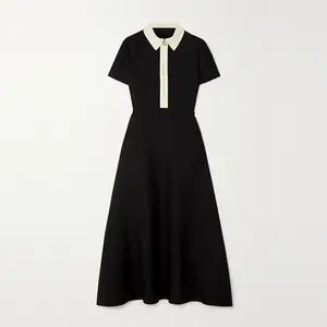 Produttori di maglieria personalizzata estiva nera con collo a Polo con cerniera a maniche corte a lunga lunghezza in maglia abito Casual da donna <span class=keywords><strong>maglione</strong></span> abito Casual - Product Image 1