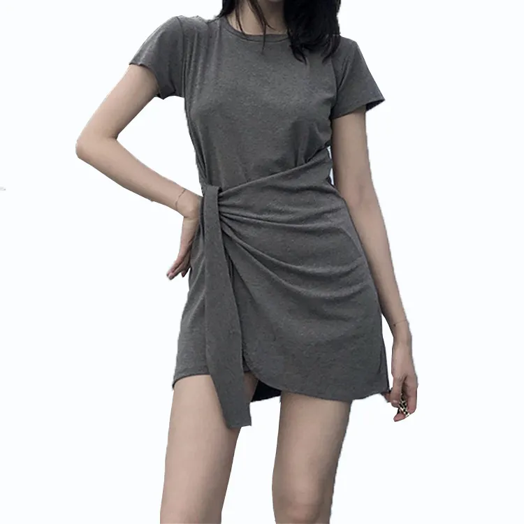 Metallic fabric fashion Japan Korea fashion street lady short sleeve blank color dress women slim high waist casual sashes dress