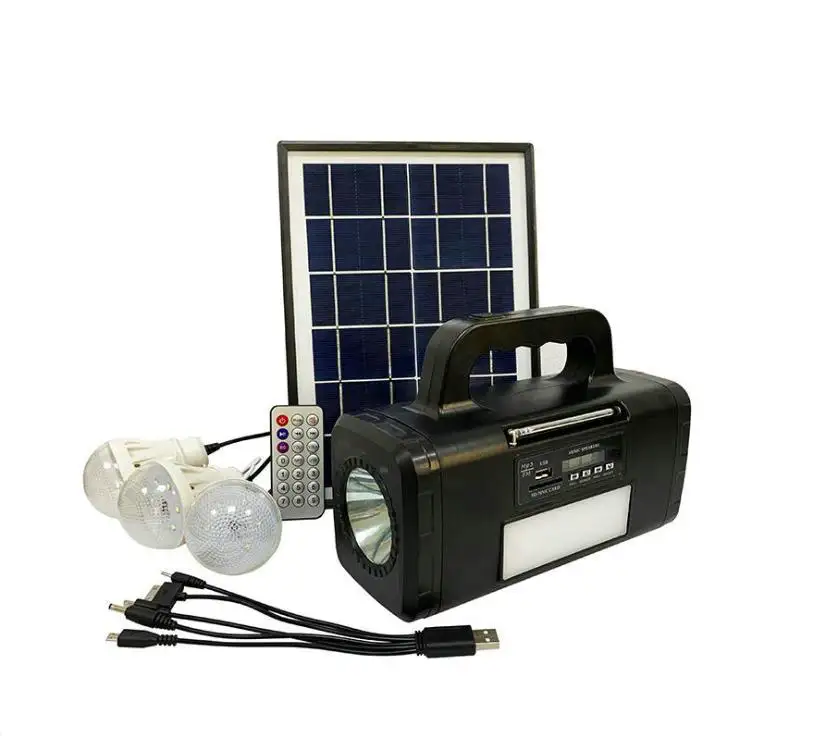 Generator tenaga surya portabel 5W, pembangkit listrik tenaga surya sistem penerangan DC multifungsi, pemutar MP3, pengendali jarak jauh