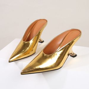 Pointed Toe Sandalias Mujer Tacon Alto Shiny PU Leather Trendy Slippers Mules <b>Shoes</b> Heels for Ladies Women 2024 - Product Image 4