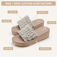 Sandales compensées légères et antidérapantes en EVA pour femmes, personnalisables OEM, avec lanière en tweed perlé, fils dorés et bords effilochés, coloris pastel, idéales pour l'été