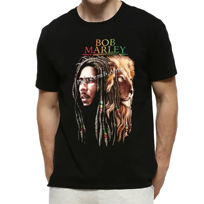 Yeni varış özel tasarım Bob Marley logo baskı moda yuvarlak boyun grafik stok kısa kollu casual erkek gömlek