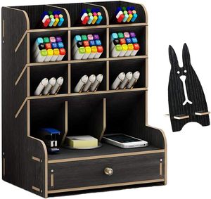 Desktop stazionario in legno nero Organizer da scrivania multifunzione da te porta penne facile montaggio con cassetto per l'home Office - Product Image 1