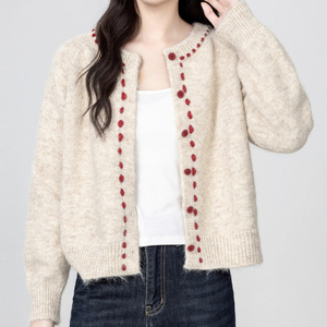 <span class=keywords><strong>Cardigan</strong></span> Oversize da <span class=keywords><strong>Donna</strong></span> in Maglia <span class=keywords><strong>Beige</strong></span> con Dettagli a Pois Rossi - Top Casual Giornaliero Giocoso - Product Image 5