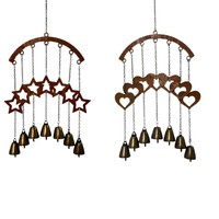 Carillon éolien en métal OEM, finition rouille, avec motif croissant ajouré et étoiles à cinq branches, 6 clochettes en laiton antique, pour centre de jardin