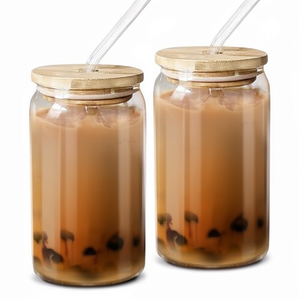 Gobelet en verre transparent avec couvercle en bambou et paille, en forme <span class=keywords><strong>de</strong></span> canette <span class=keywords><strong>de</strong></span> soda, pour café glacé et thé Boba - Product Image 1