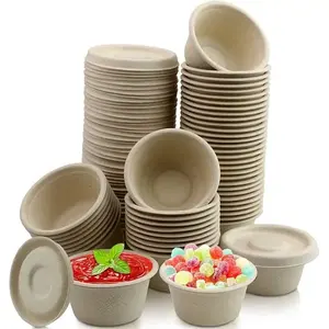 OEM Custom Service Biodegradable Food Packaging 1-4 Oz Sugarcane Bagasse Sauce Cup Dipping Cup Disposable Mini Cup With Lid