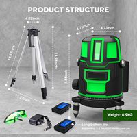 Niveau laser 5 lignes 360° auto-nivelant de précision avec trépied, niveau laser vert d'intérieur, 2 batteries, boîte à outils de nivellement