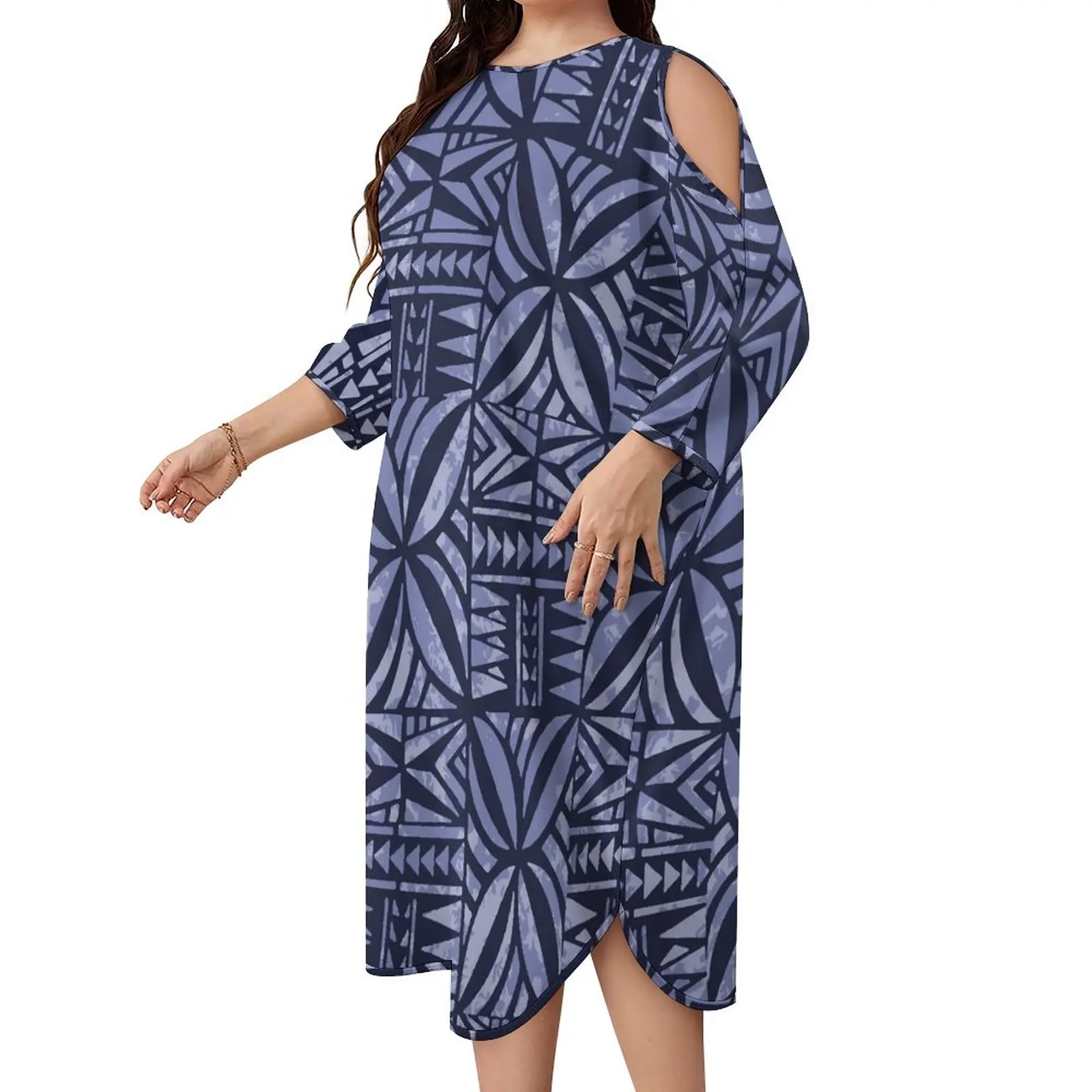 कस्टम सामोन वस्त्र महिलाओं आरामदायक ठंडे कंधे पोशाक oversized ढीला एक आकार batwing पोशाक तप प्रिंट पोलेनीशियाई कपड़े