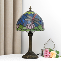 Lampe de chevet en verre teinté de 8 pouces, lampe de table vintage antique avec libellule et lotus pour salon, chambre à coucher, bureau à domicile