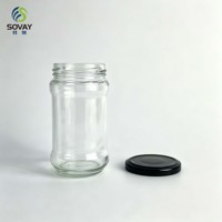 Botol kaca bening bulat tinggi 300ml, sedikit melengkung, leher ulir, dengan tutup logam hitam untuk kemasan madu, selai, saus, dan makanan.