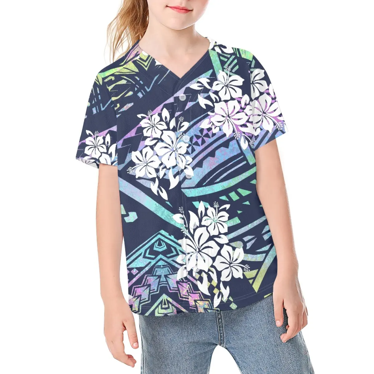 Erkek kız kısa kollu gömlek Hibiscus çiçekler tasarımlar çocuklar Chidren için spor beyzbol formaları Dropship bebek yaz jarse bluz