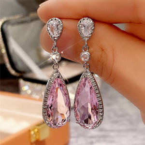 Boucles d'oreilles en cristal rose pour femmes, en argent 925, en forme de goutte d'eau, bijoux romantiques pour fête, E1468 - Product Image 5