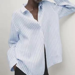 Blusas y Camisas Otoño 2025 para Mujer, Logotipo Personalizado, Cuello Camisero, Rayas, 100% Algodón, Blusas y Tops para Dama - Product Image 1