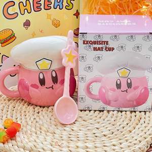 Розовая мультяшная керамическая кружка Kirby Cantimplora Kawaii Hat 3D Керамическая кофейная кружка для рождественского праздничного подарка - Product Image 5