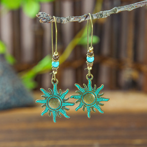 Bohemian Alloy <b>Drop</b> Earrings With Turquoise Inlay Plant Pattern For Women Fashion Jewelry - Product Image 3