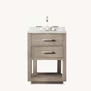 Meuble-lavabo de salle de bain moderne de luxe à vasque unique, avec comptoir en marbre <span class=keywords><strong>blanc</strong></span>, rangement en bois clair et robinetterie chromée, idéal pour hôtels et appartements - Product Image 5