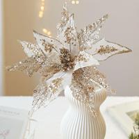 Kain Jaring Berkilauan Bunga Poinsettia Natal Potongan Berongga Dekorasi Pernikahan Bunga Buatan Tangkai Vas Rangkaian Dekorasi Rumah Toko