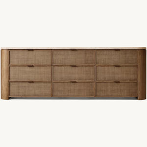 <span class=keywords><strong>Commode</strong></span> à 9 tiroirs avec plateau en travertin <span class=keywords><strong>et</strong></span> panneaux en rotin tressé, meubles de chambre à coucher en <span class=keywords><strong>bois</strong></span> massif, <span class=keywords><strong>commode</strong></span> en chêne massif - Product Image 1