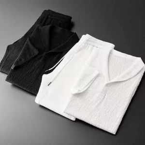 Trajes de Verano Casuales de 2 Piezas para Hombre, Transpirables, de Punto Satinado, Camiseta de Manga Corta + Pantalones Largos, Cuello Polo de Color Sólido con Botones - Product Image 5
