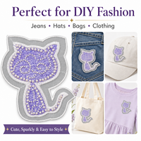 Patch brodé chat violet mignon avec perles et breloques, appliqué pour vestes, jeans, sacs, chapeaux, vêtements et décoration de mode DIY
