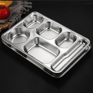 <span class=keywords><strong>Plateau</strong></span> alimentaire divisé en acier inoxydable 304 avec couvercle 4 5 6 compartiments Assiette à dîner rectangulaire pour cantine à usage scolaire - Product Image 6
