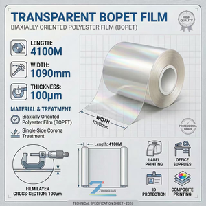 Rouleau de film BOPET transparent 100μm, 1040mm/1090mm, pour lamination de couche protectrice/protection de certificat/impression par lamination - Product Image 2