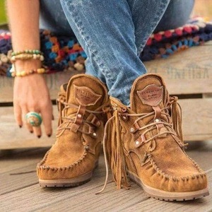 Botines de Mujer con Flecos, Cordones, Tacón Plano, Punta Redonda, Cuero PU, Estilo Desierto, Retro, para Invierno - Product Image 4