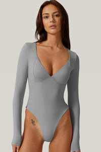 AMZNセクシーなディープVネックボディスーツひも付きボトムシームレスカップゴーイングアウトトップシャツ女性用長袖ボディスーツ - Product Image 5