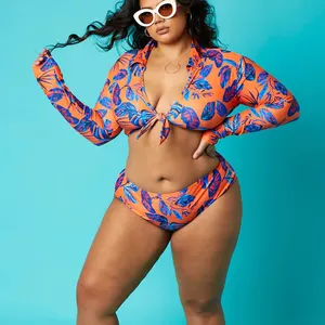 High End Orange Full Floral Print Plus Size Badeanzüge für Frauen Langarm Front Tie Designer Bikinis Sets