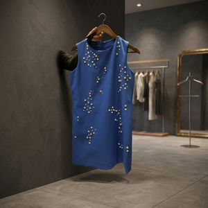 Vestido Corto Premamá Asimétrico Sin Tirantes Azul Perla Eléctrico Premium, Atuendo Contemporáneo Ecológico y Natural para Mujer - Product Image 3