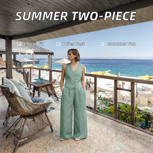 Conjunto de Chaleco y Pantalones Anchos de Lino y Algodón para Mujer, Cuello en V, Sin Mangas, Dos Piezas, Estilo Casual de Verano - Product Image 2