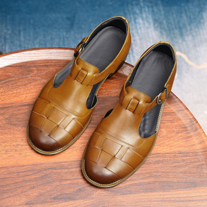 T-Strap Genuine Leather <b>Sandals</b> <b>Closed</b> <b>Toe</b> Buckle Strap Summer Casual Men's Shoes Breathable Rubber Outsole - Product Image 4
