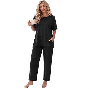 Women's Black 100% Cotton Breathable Plain Dyed <b>Short</b> Sleeve <b>Pajama</b> <b>Set</b> Pants Sleepwear - Product Image 1