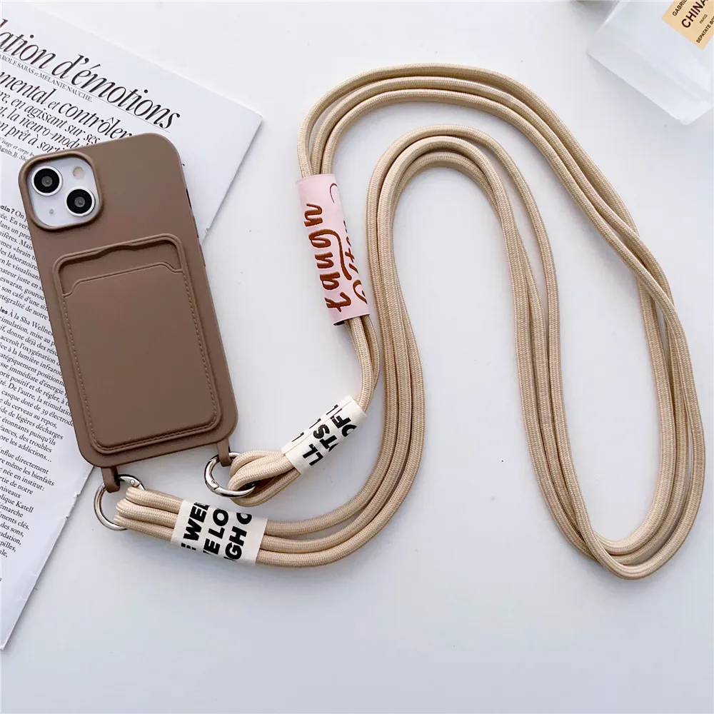 Tempat Kartu Dompet Crossbody Kalung Lanyard Casing untuk iPhone 14 11 12 13 Pro Max Mini XS X XR 6 8 7 Plus SE Penutup Silikon Lembut