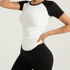 Top Corto Deportivo para Mujer, Cuello Redondo, Manga Corta, Color en Contraste, Fruncido, Transpirable, de Spandex y Poliéster, para Yoga y Fitness - Product Image 3