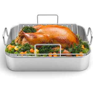 3 in 1 Non-toxic Heavy Duty Roasting <strong>Pan</strong> Stainless Steel <strong>Turkey</strong> <strong>Roaster</strong> with Rack Deep Broiling <strong>Pan</strong> &amp; V-shaped Rack &amp; Flat Rack - Product Image 1