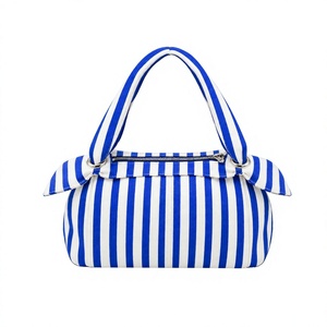 Women's Blue White Striped Canvas Shoulder Bag with Zipper Closure Fashion <b>Lady</b> Classic Style Portable Daily Use - Product Image 1